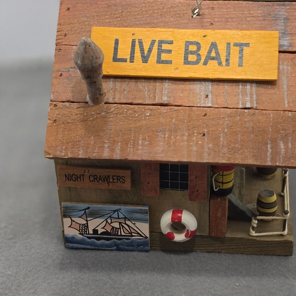 Vintage  Decorative Wooden Bird House Live Bait Shop Fishing Folk Art. J